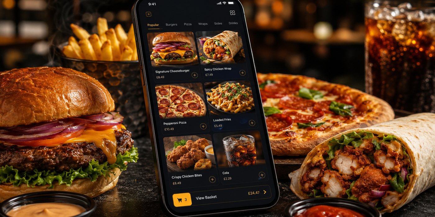 A modern mobile ordering menu with freshly prepared takeaway food