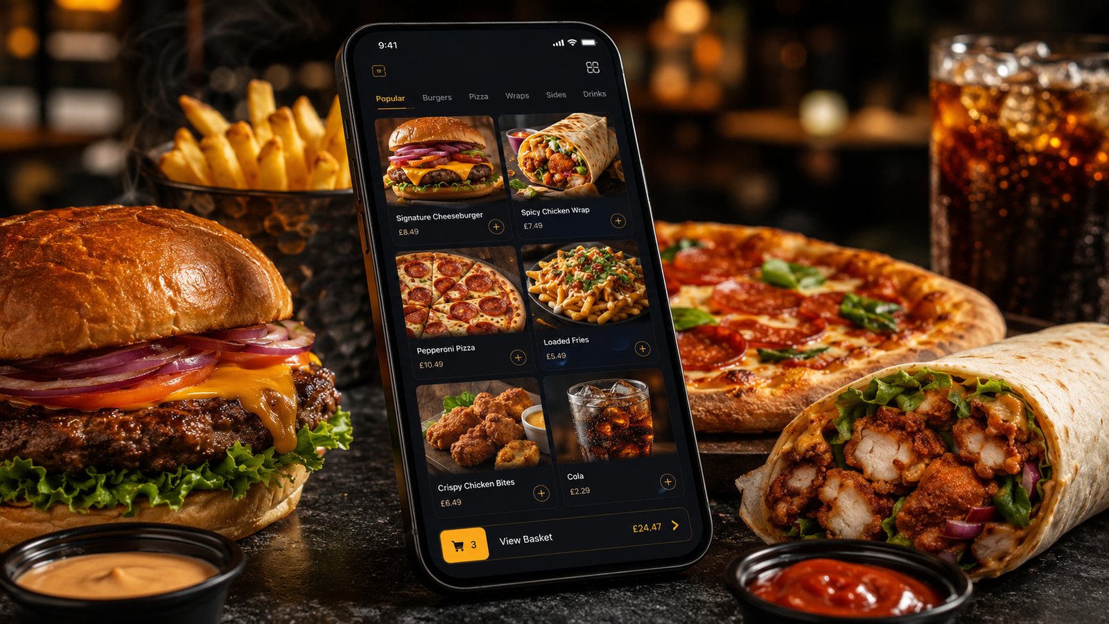 A close-up takeaway ordering app surrounded by freshly prepared food